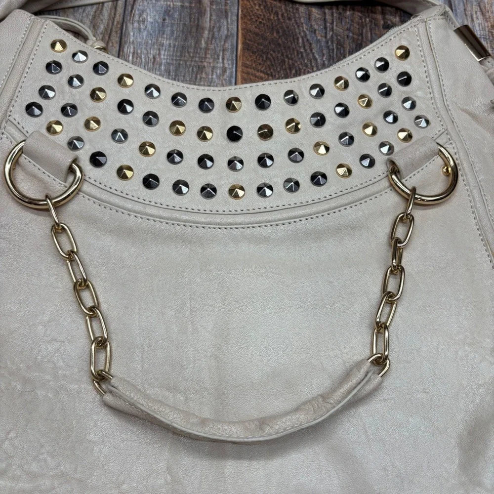 Tre Vero Cream Leather Studded Hobo Bag Mixed Metal Chain Strap Shoulder Bag